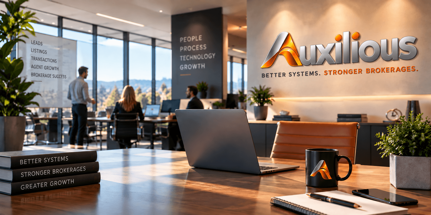 Auxilious brokerage office with a team collaborating around the platform